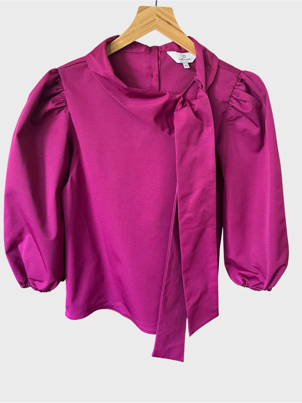 La Roque Magenta Puff-Sleeve Tie-Neck Blouse
